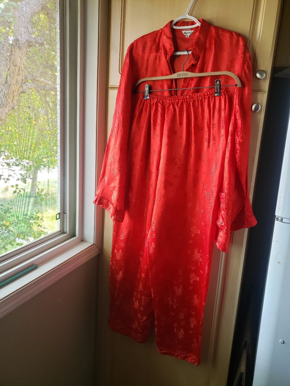 100% Silk Women's Red Two-Piece Pajama Set Xl Thai Chilli Red